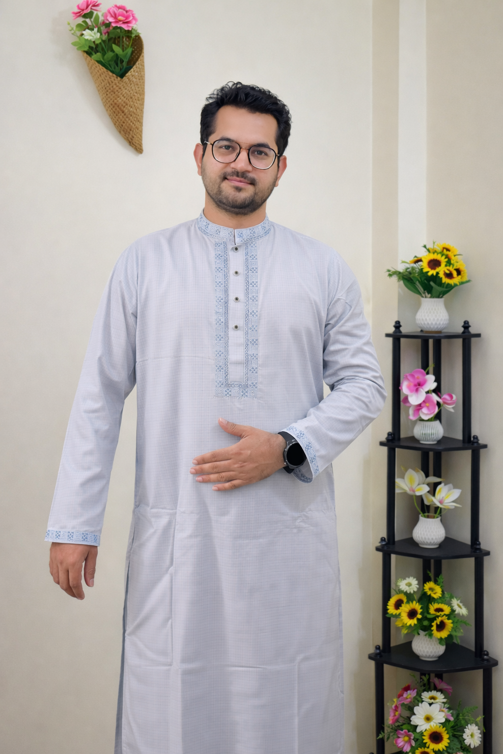 Premium Embroidered Panjabi – Ash Grey / Light Grey / Dusty Grey