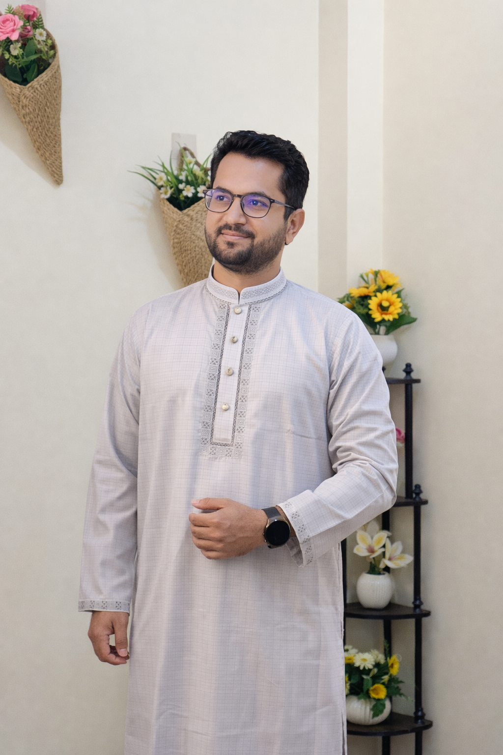 Premium Embroidered Panjabi – Ash Grey / Light Grey / Dusty Grey