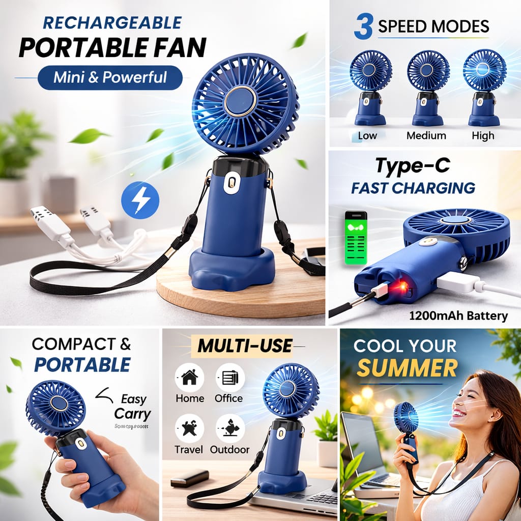 Rechargeable Portable Mini Handheld Fan with 3 Speed & Type-C Charging