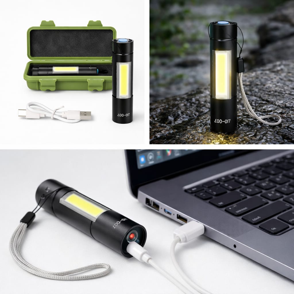 GP-007 Rechargeable COB LED Mini Flashlight with Type-C Charging & Storage Box
